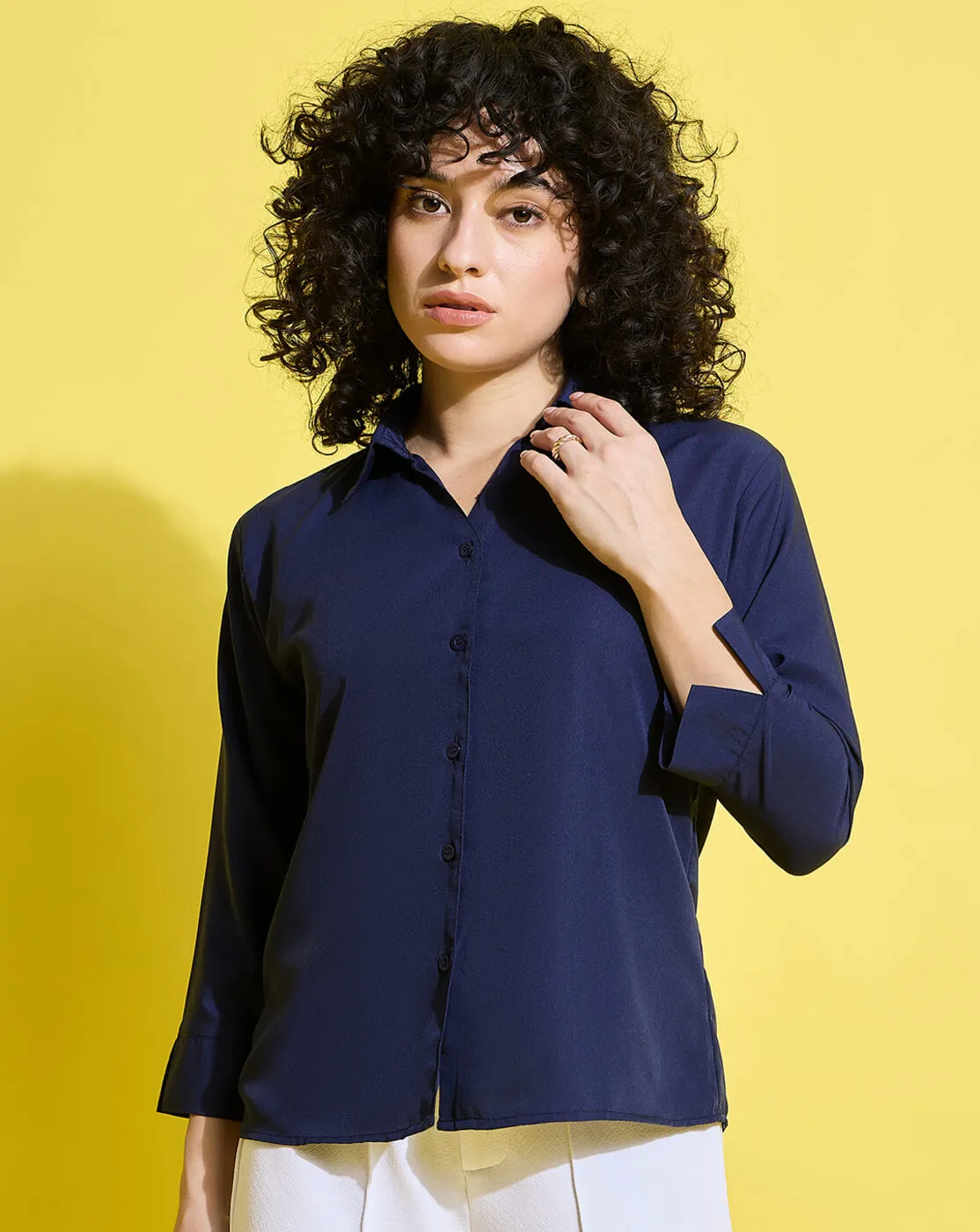 Crepe Regular Fit Solid Black Women Formal Shirt-3493-3499