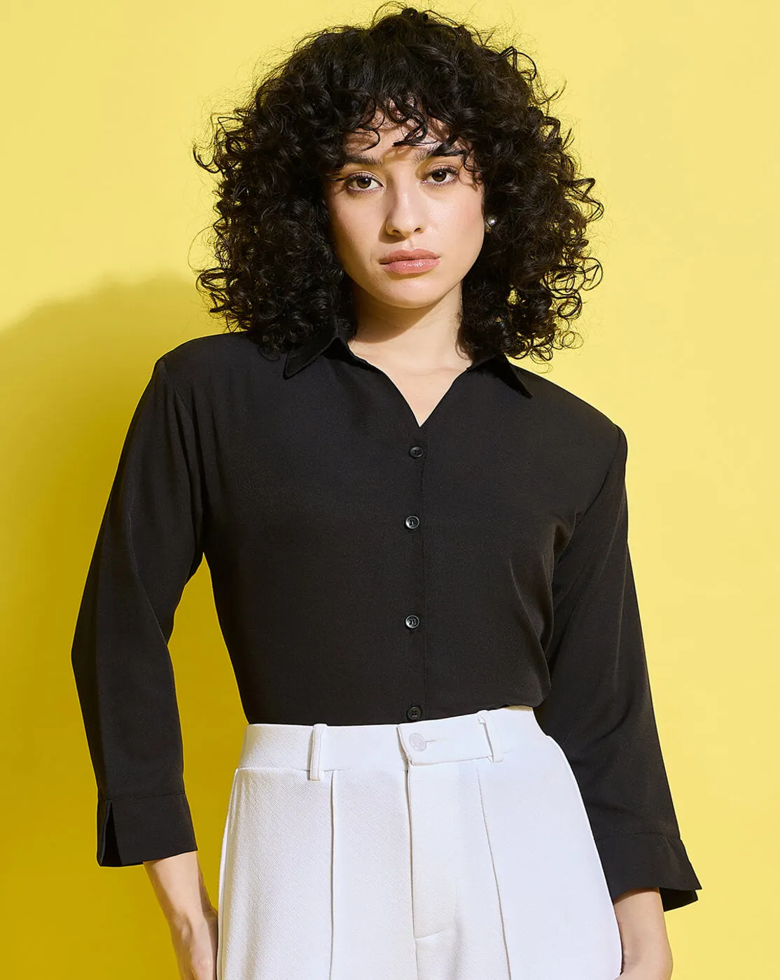 Crepe Regular Fit Solid Black Women Formal Shirt-3493-3499