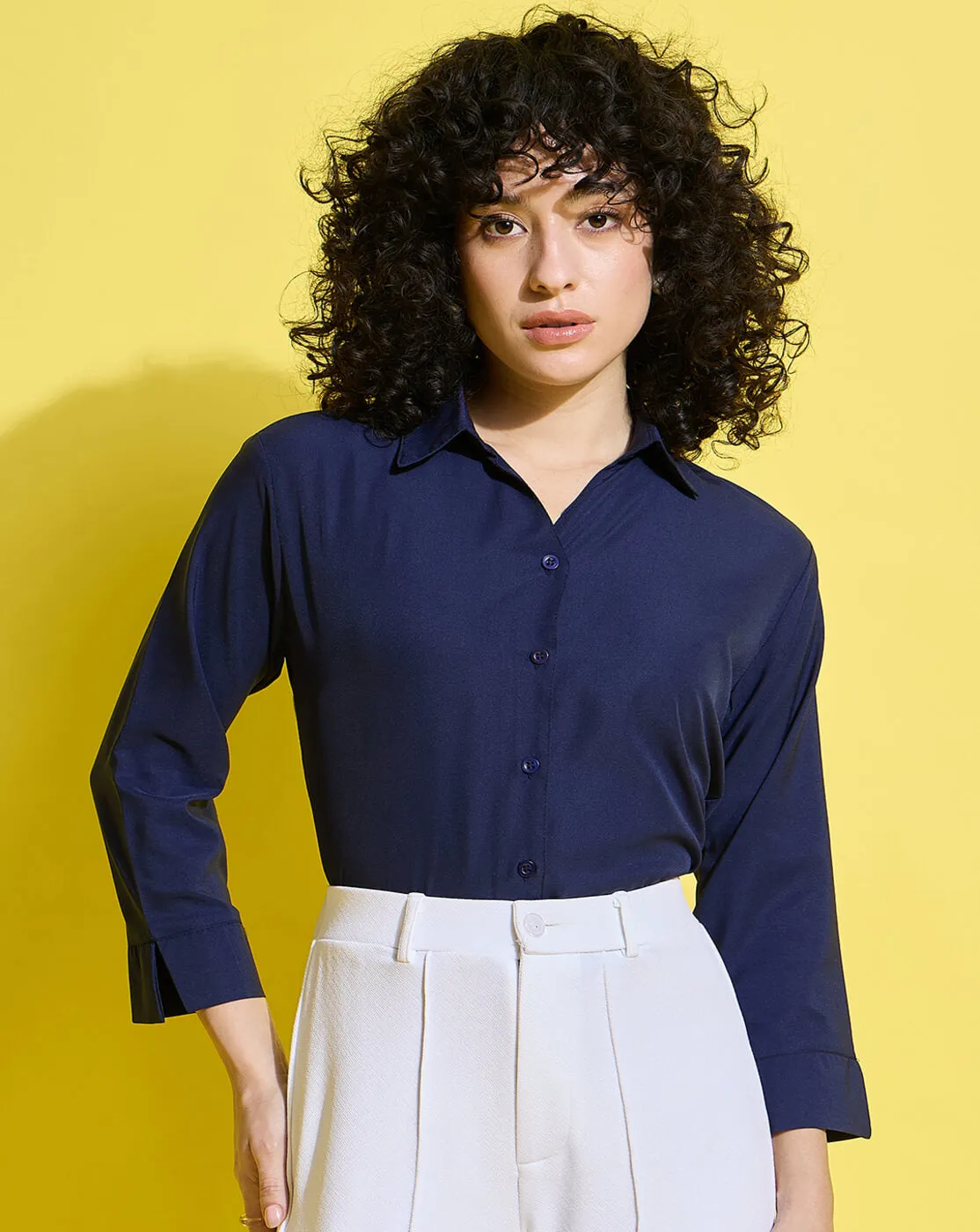 Crepe Regular Fit Solid Black Women Formal Shirt-3493-3499