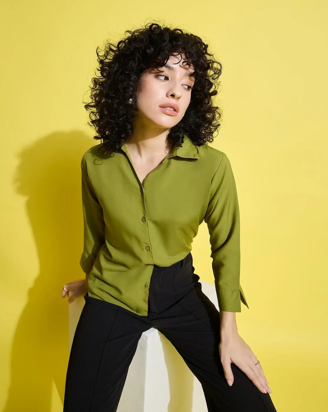 Crepe Regular Fit Solid Black Women Formal Shirt-3494-3499