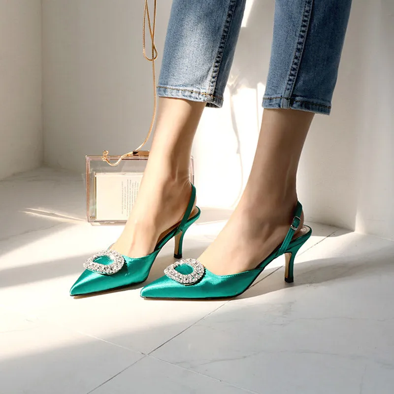 Elegant Rhinestone Pumps Silk Pointed Shoes