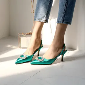 Elegant Rhinestone Pumps Silk Pointed Shoes