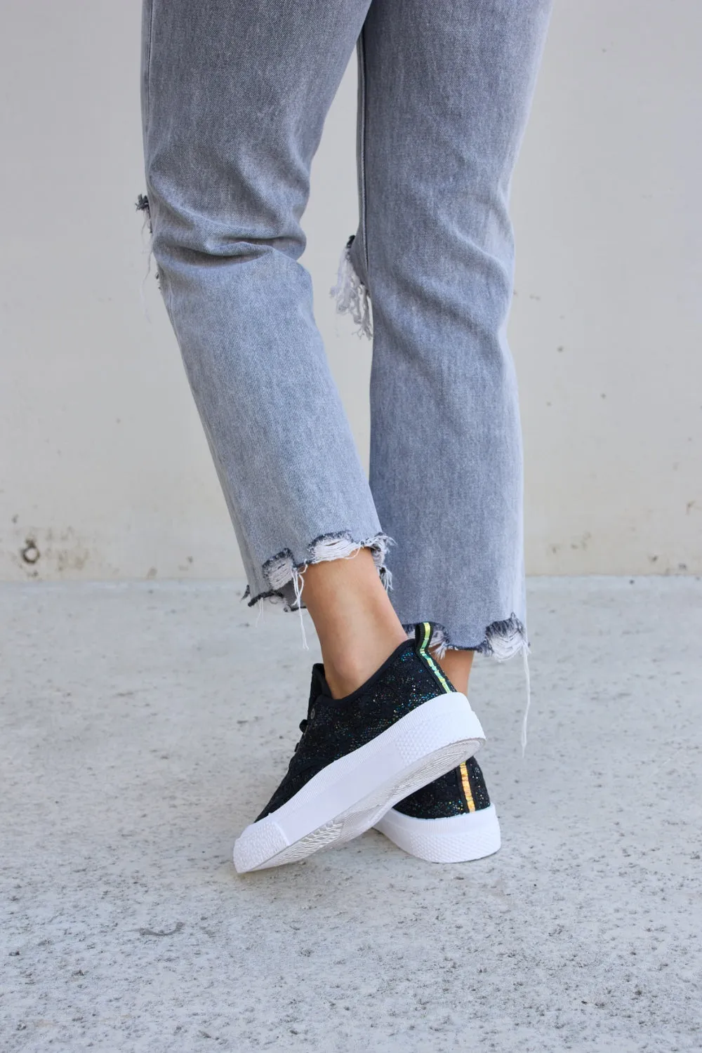 Forever Link Sequin Lace-Up Platform Chunky Thick Sole Low Top Black Sneakers