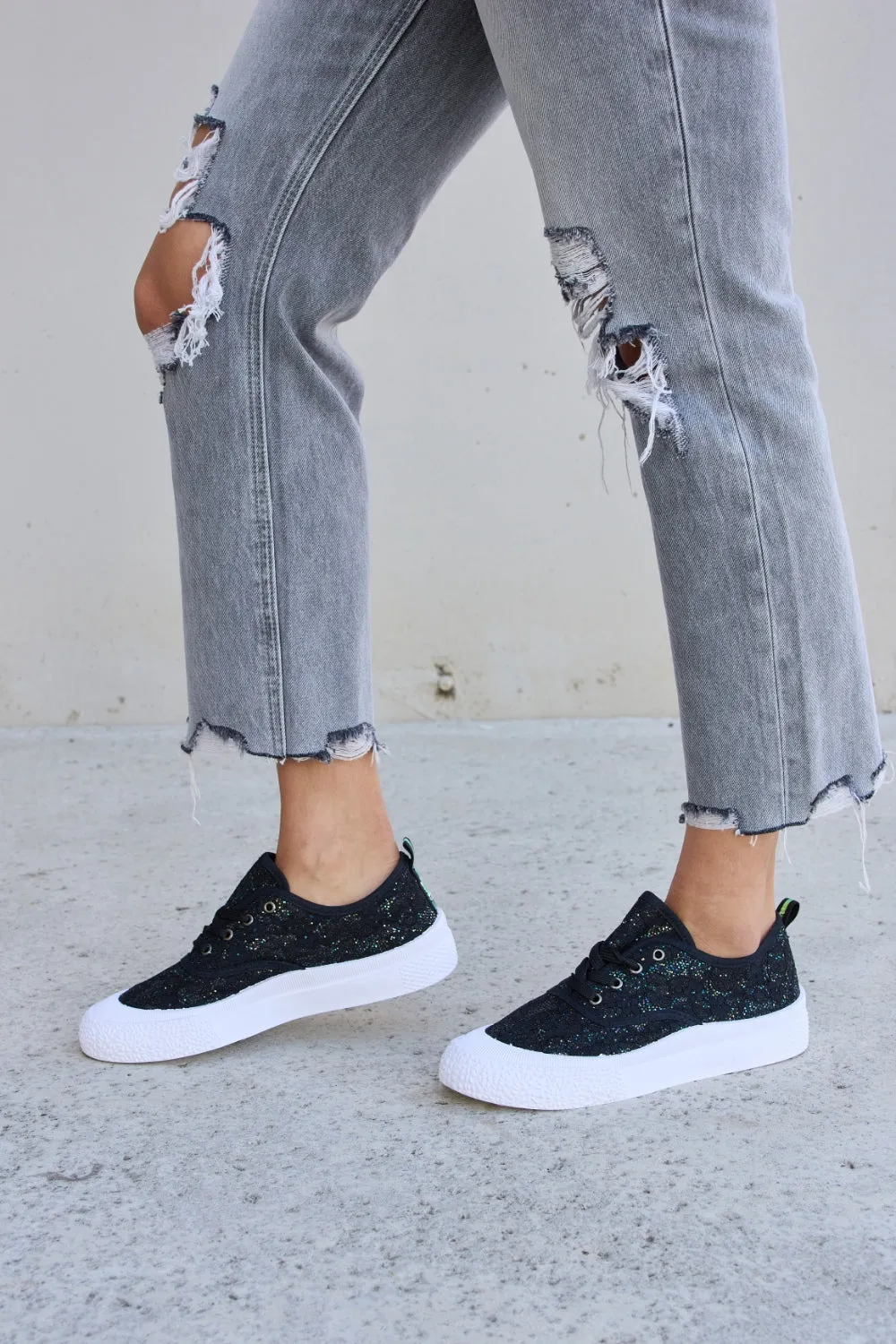 Forever Link Sequin Lace-Up Platform Chunky Thick Sole Low Top Black Sneakers
