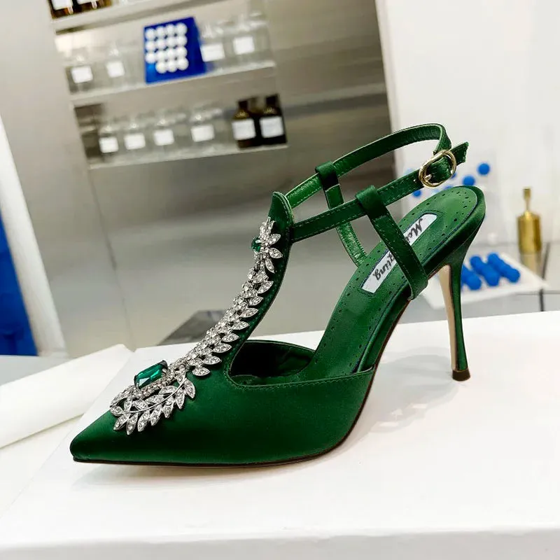 Ladies Satin Gemstone Stiletto Slingback Pumps