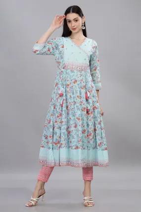 Mythri Wrap Neck Anarkali With 3/4th Sleeves  - Blue - KU52