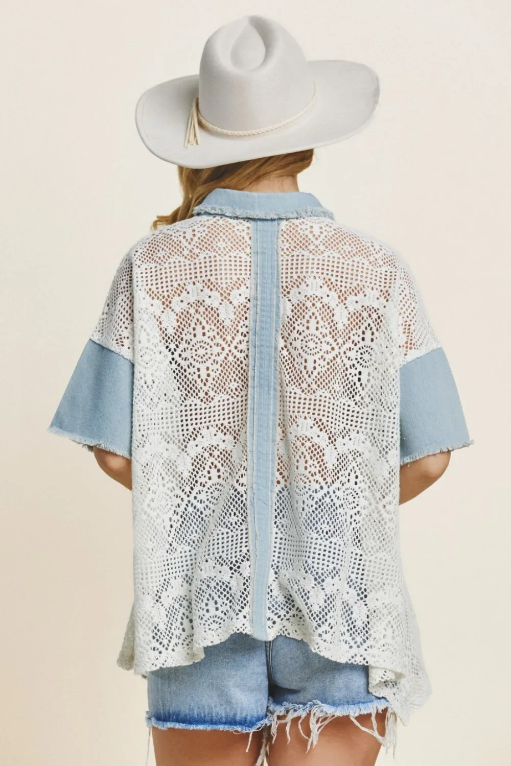 ODDI Button Up Short Sleeve Lace Top