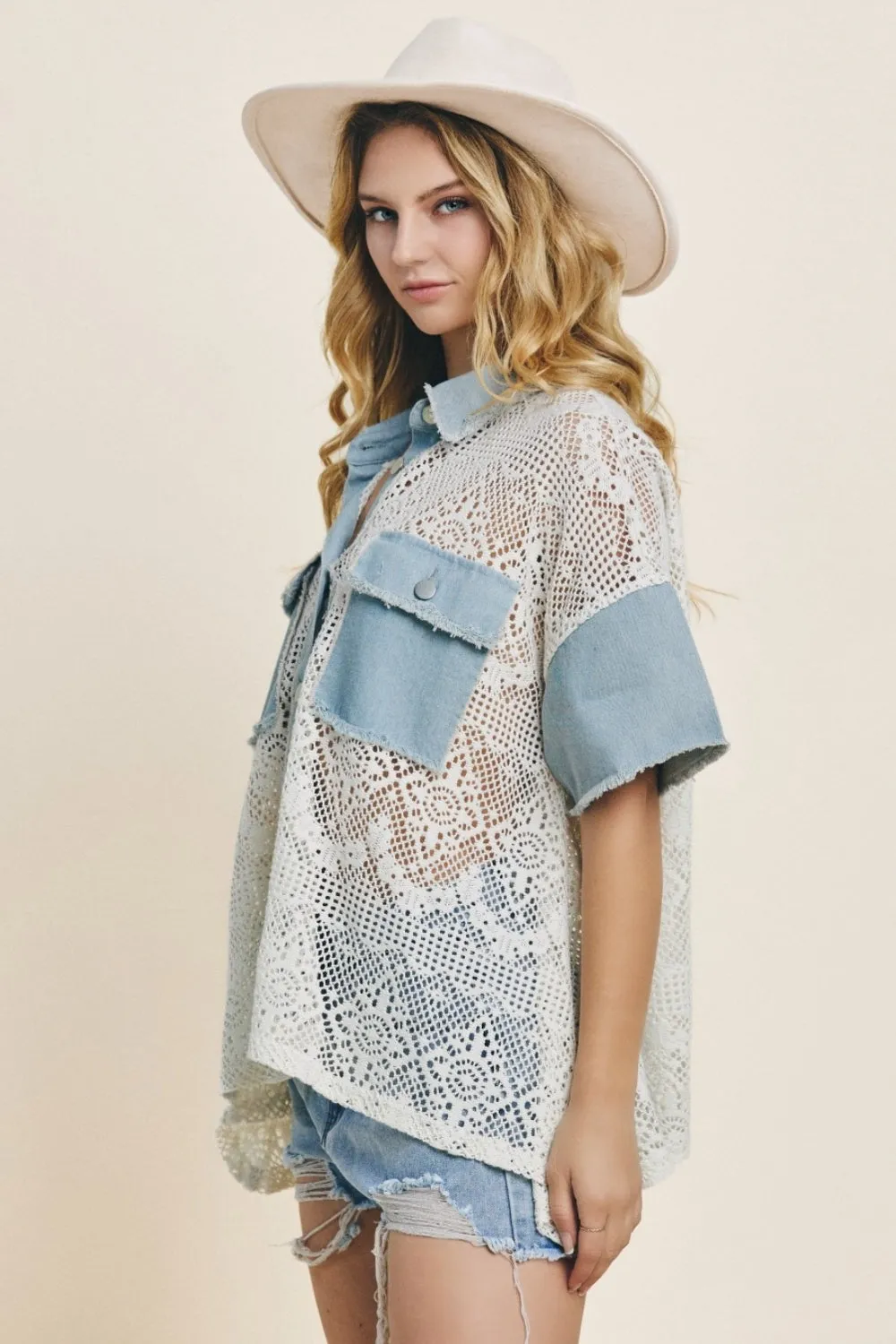 ODDI Button Up Short Sleeve Lace Top