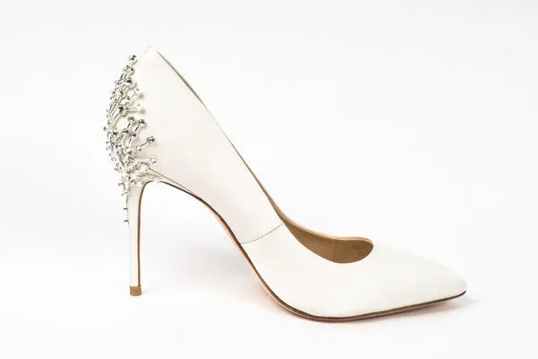 Olive Bejeweled Satin Pump W/Leather Sole
