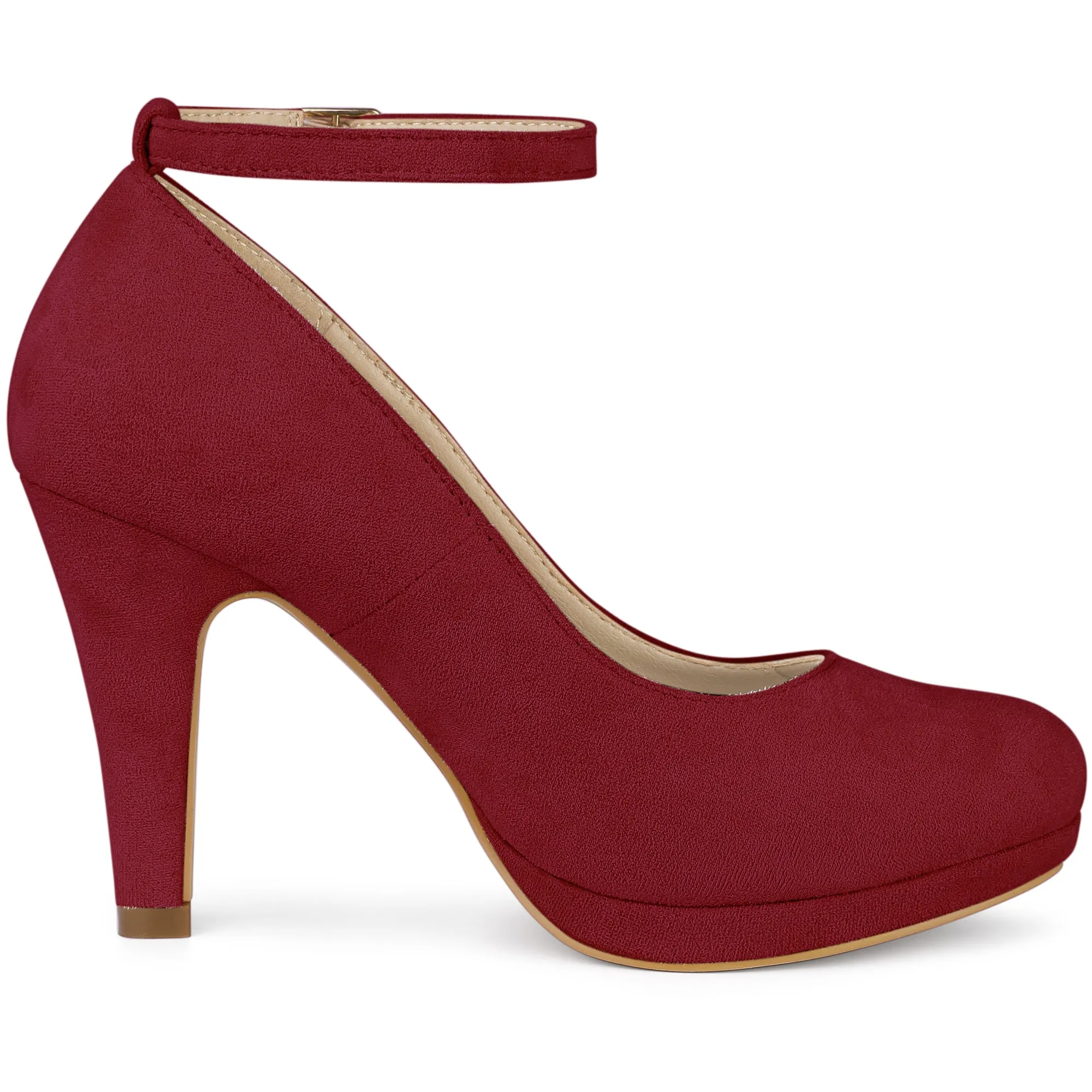 Perphy Round Toe Stiletto Heel Ankle Strap Suede Pumps