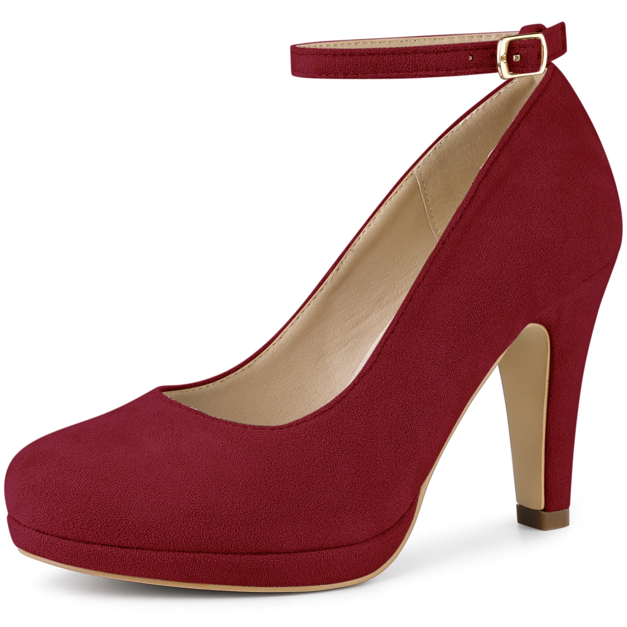 Perphy Round Toe Stiletto Heel Ankle Strap Suede Pumps