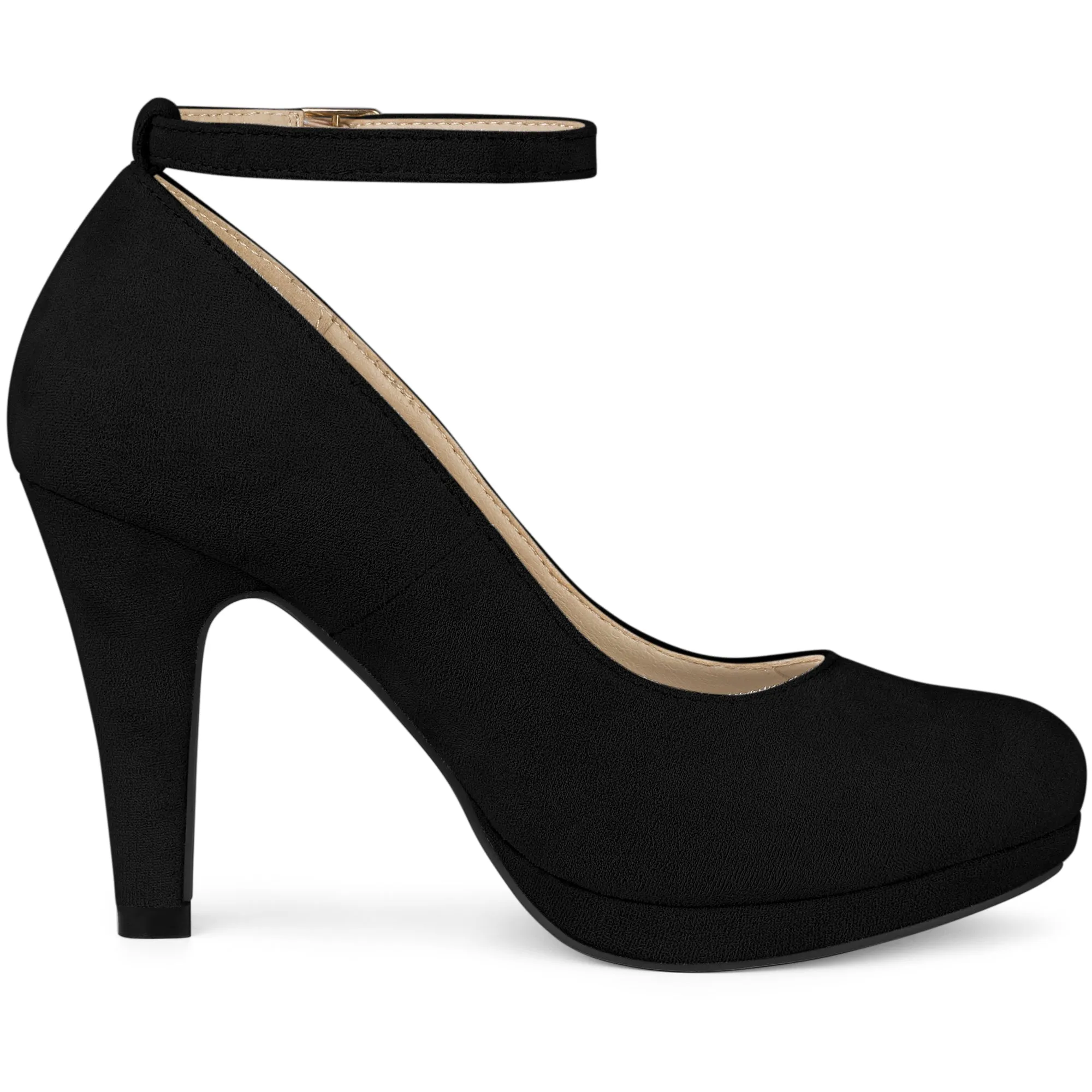 Perphy Round Toe Stiletto Heel Ankle Strap Suede Pumps