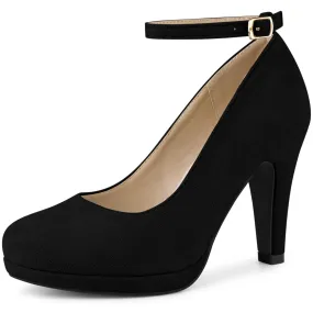 Perphy Round Toe Stiletto Heel Ankle Strap Suede Pumps