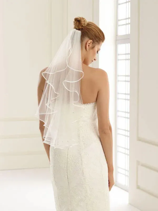 Single Tier Satin Edge Wedding Veil, Swarovski Crystals, Soft Ivory or White Tulle S6S