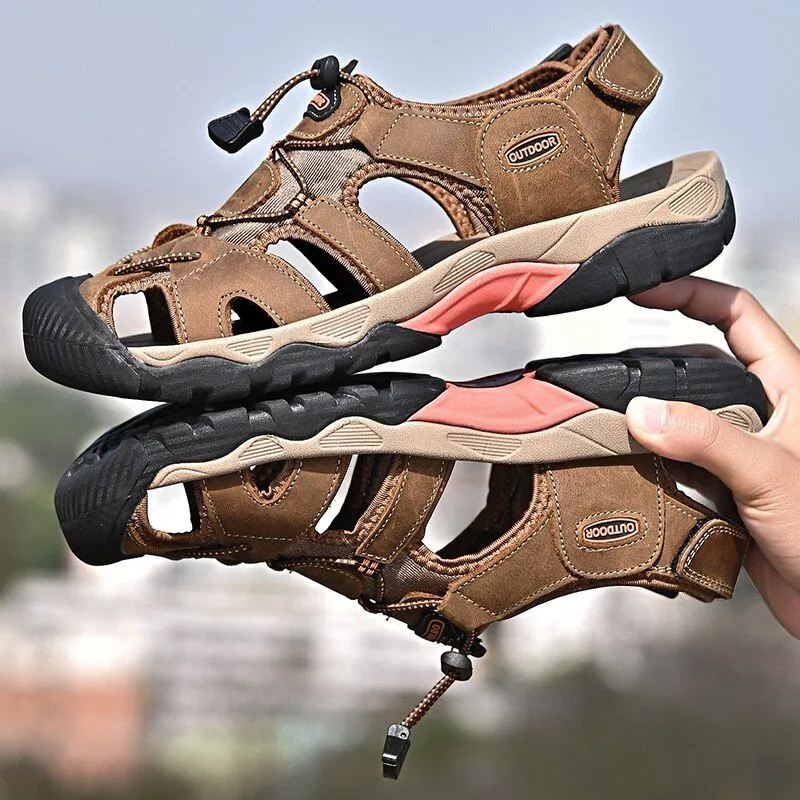 Summer Men's Genuine Leather Sandals Beach Shoes Roman Style Men's Outdoors Comfortable Breathable Soft Insole Sandals