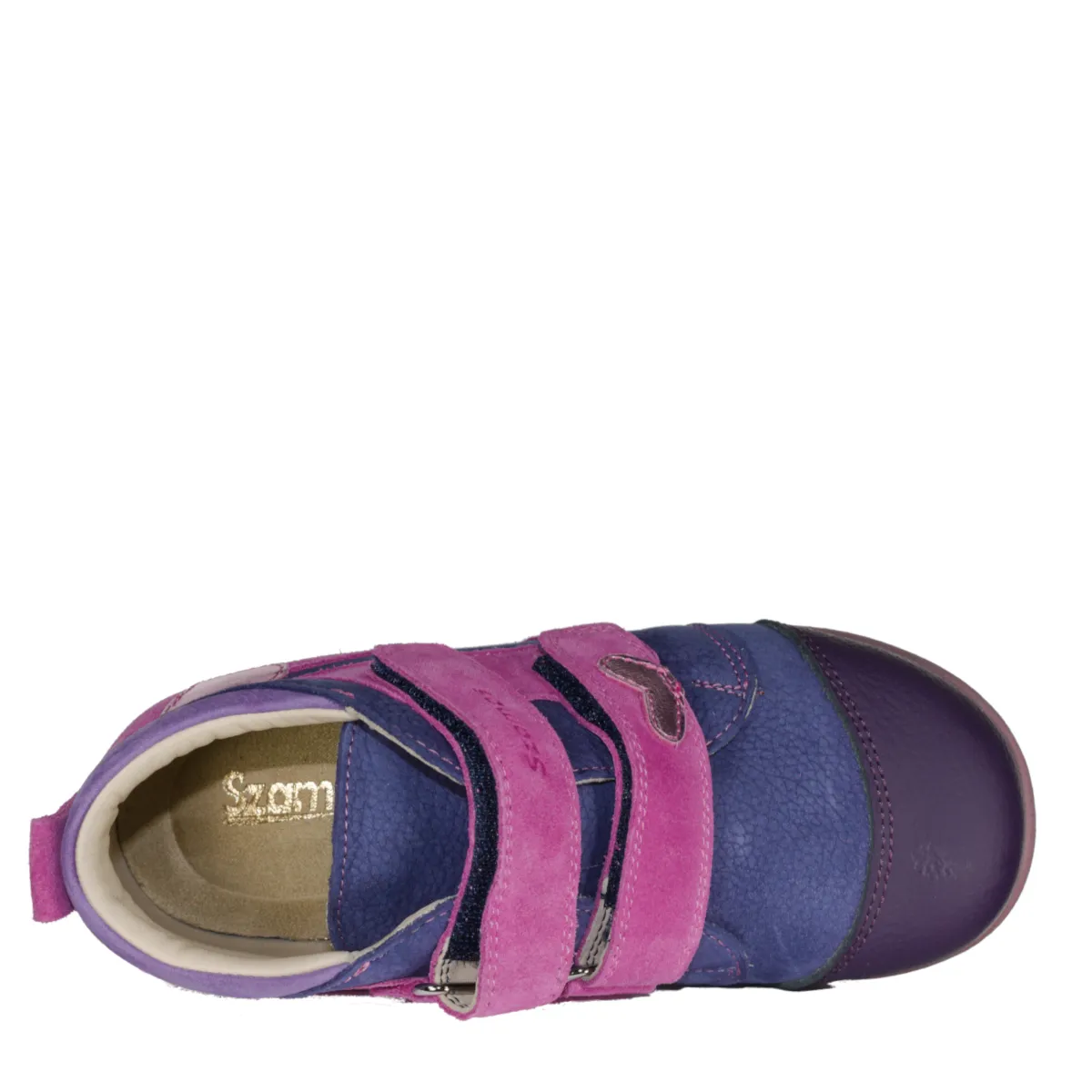 Szamos kid girl supinated sneakers purple with fuxia velcro straps and heart decor little kid/big kid size