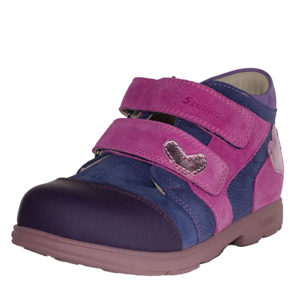 Szamos kid girl supinated sneakers purple with fuxia velcro straps and heart decor little kid/big kid size
