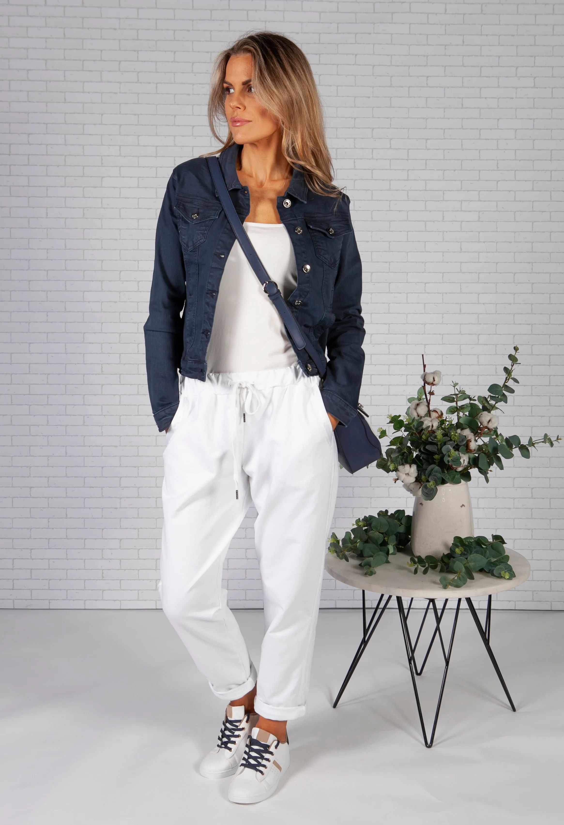 White Joggers with Satin Detail Side Stripe