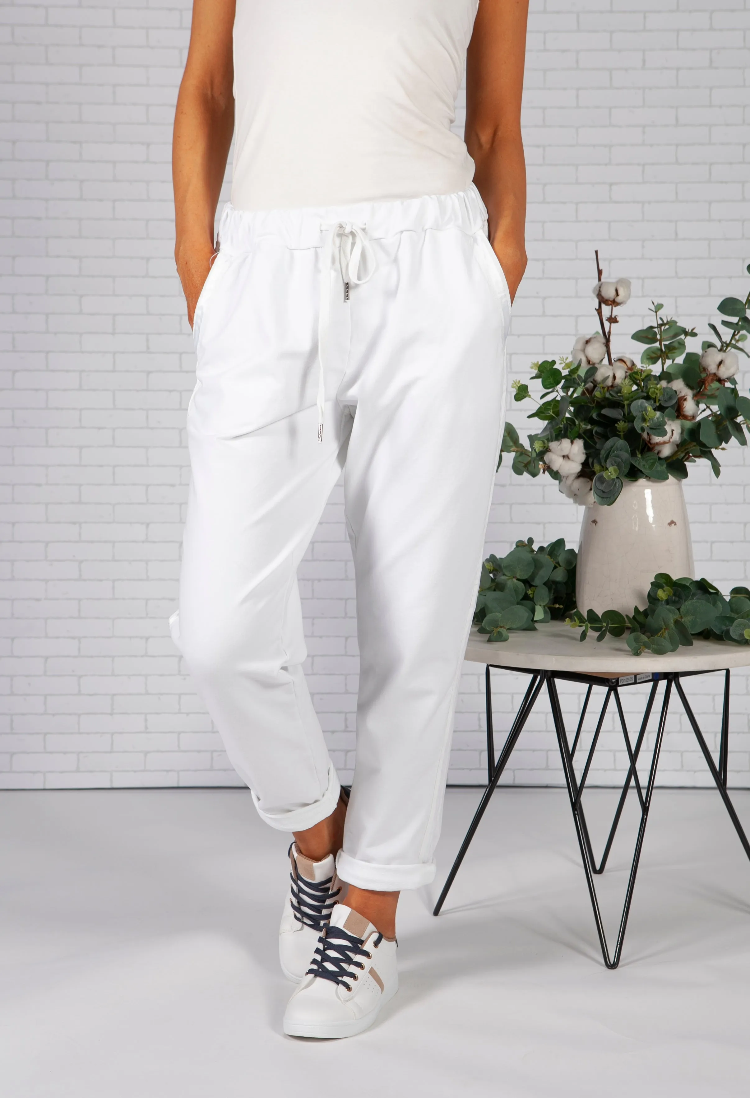 White Joggers with Satin Detail Side Stripe