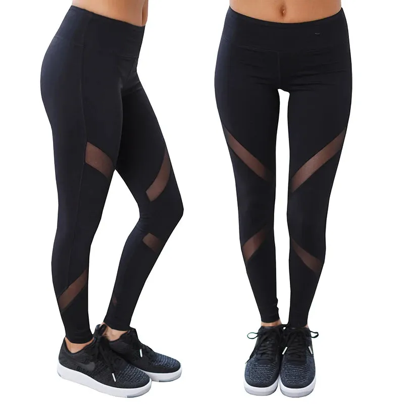 Women Black Mesh Yoga Pants High Waist Elastic Leggings